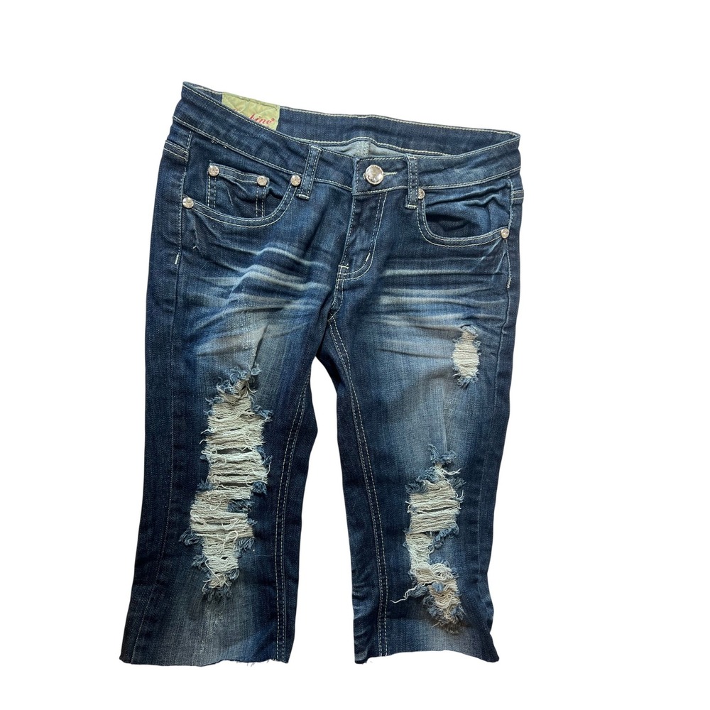 Machine Distressed Denim Capri Jeans Dark Wash‎ Rhinestone Accents Y2K Size 31W
